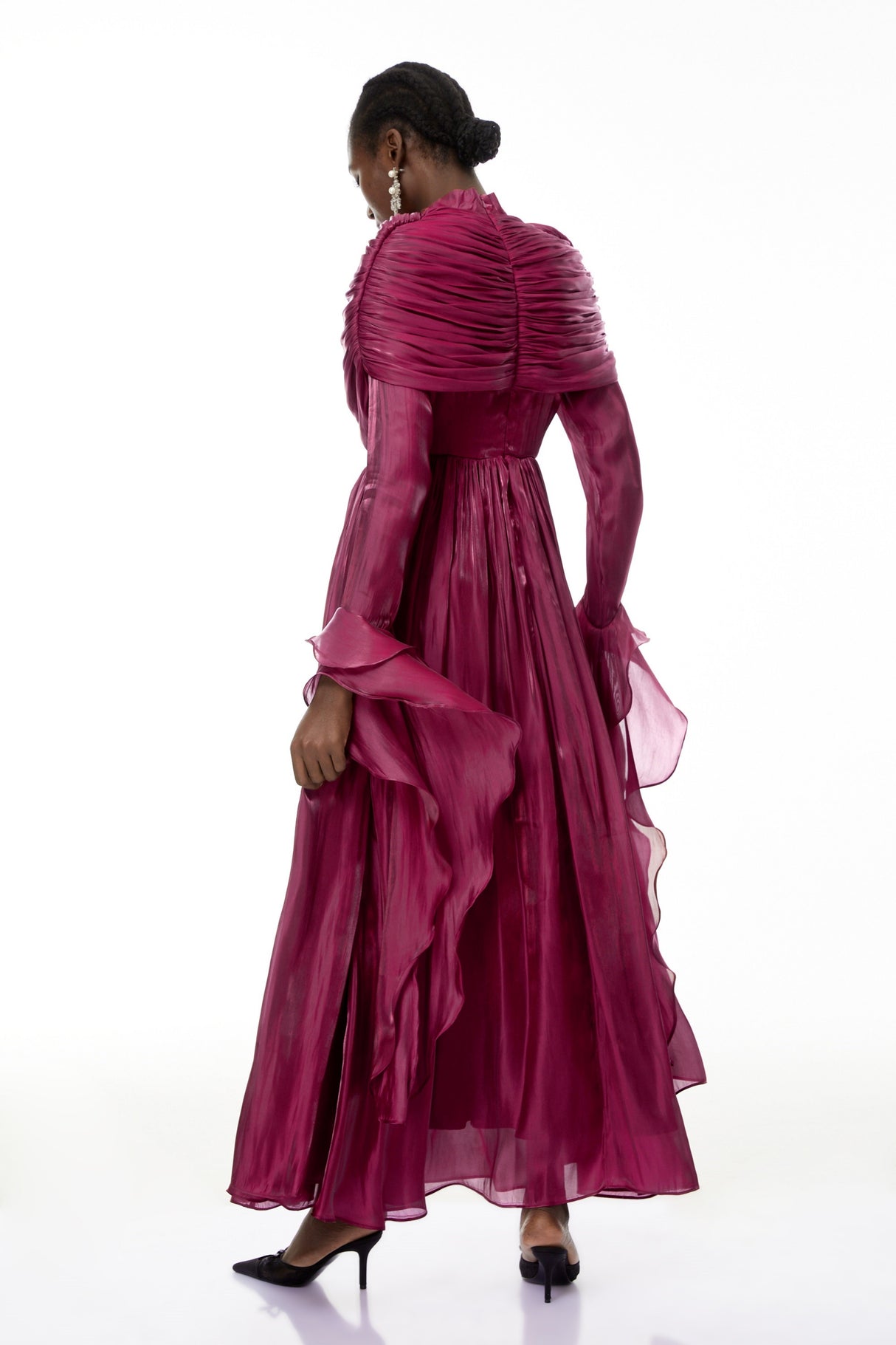 Aurohaya Gustave Burgundy Ruched Cape Ruffled Maxi Dress