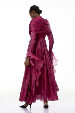 Aurohaya Gustave Burgundy Ruched Cape Ruffled Maxi Dress