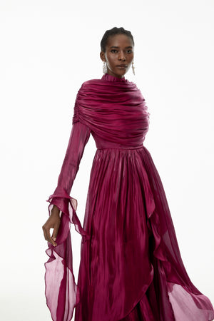 Aurohaya Gustave Burgundy Ruched Cape Ruffled Maxi Dress