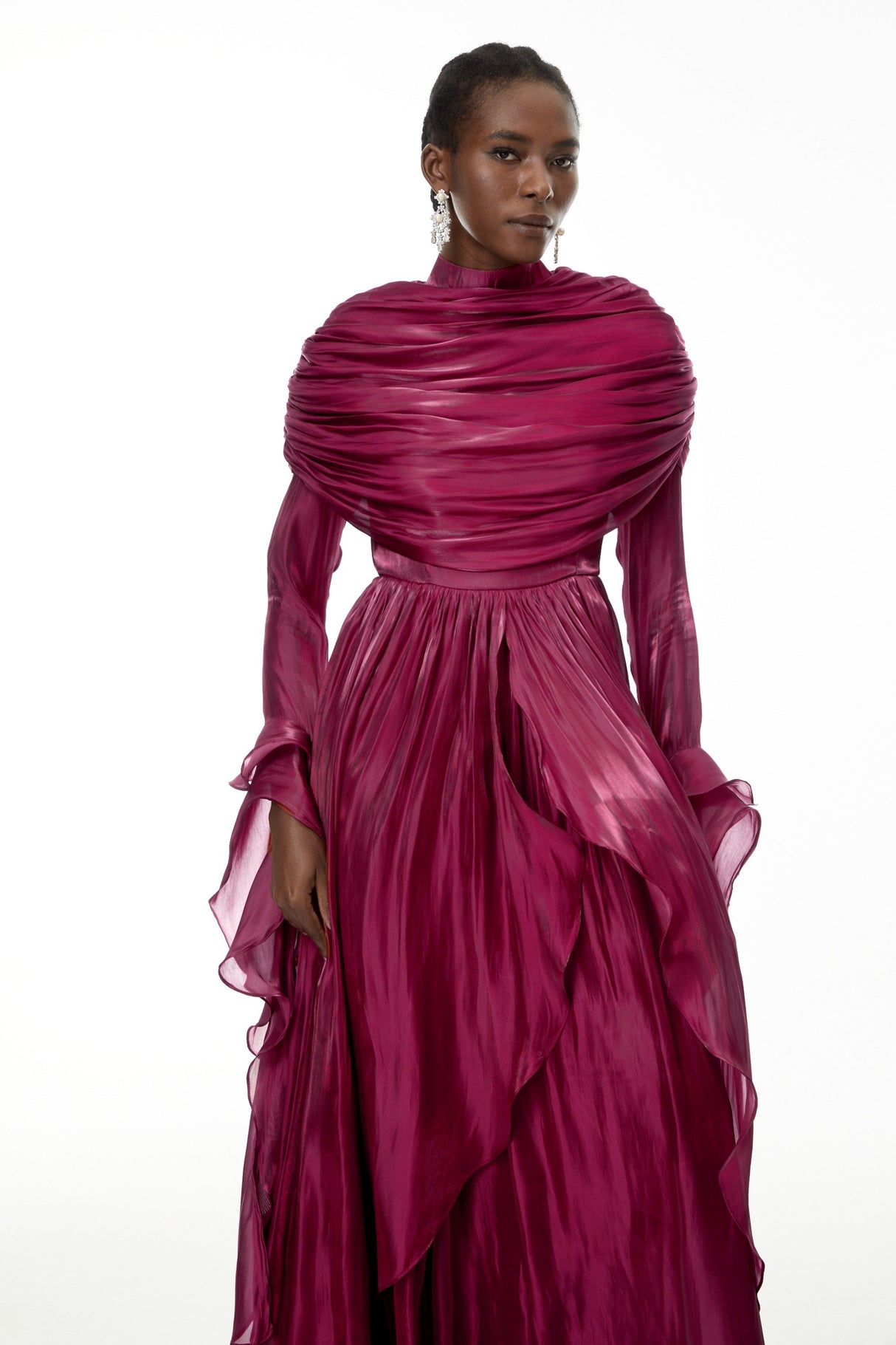 Aurohaya Gustave Burgundy Ruched Cape Ruffled Maxi Dress