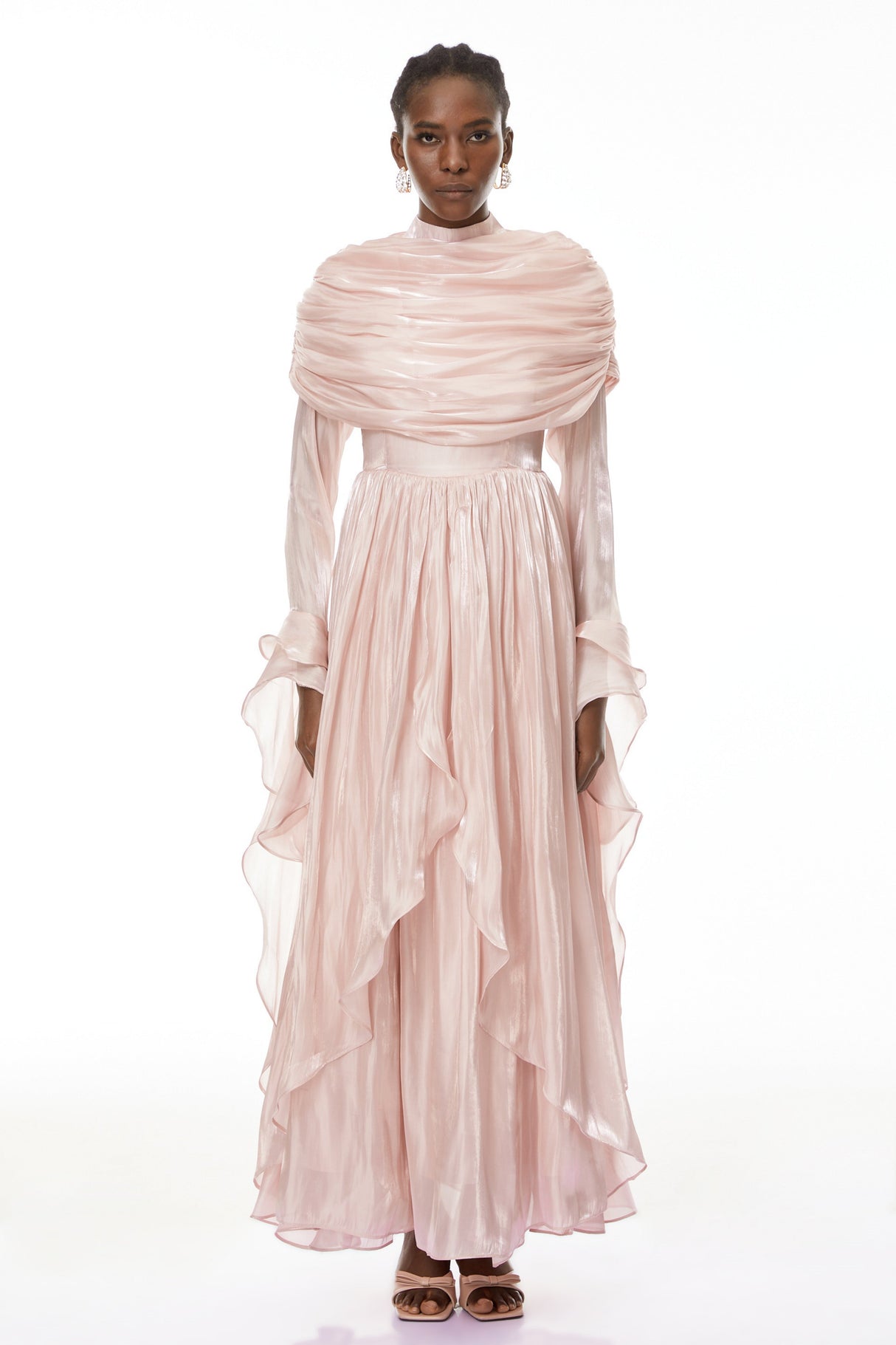 Aurohaya Gustave Pink Ruched Cape Ruffled Maxi Dress
