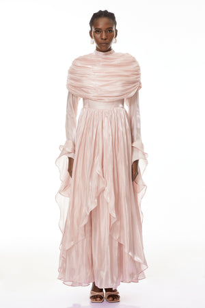 Aurohaya Gustave Pink Ruched Cape Ruffled Maxi Dress