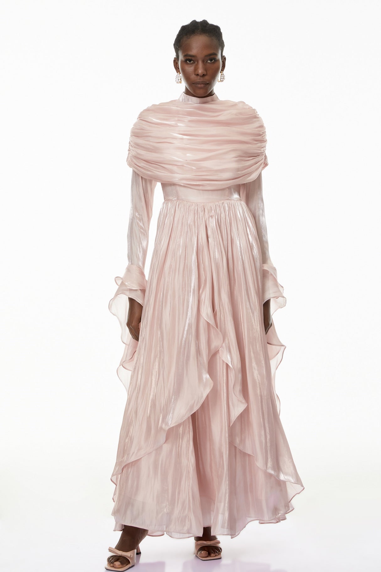 Aurohaya Gustave Pink Ruched Cape Ruffled Maxi Dress