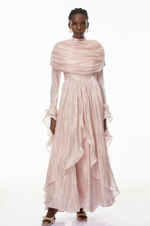 Aurohaya Gustave Pink Ruched Cape Ruffled Maxi Dress