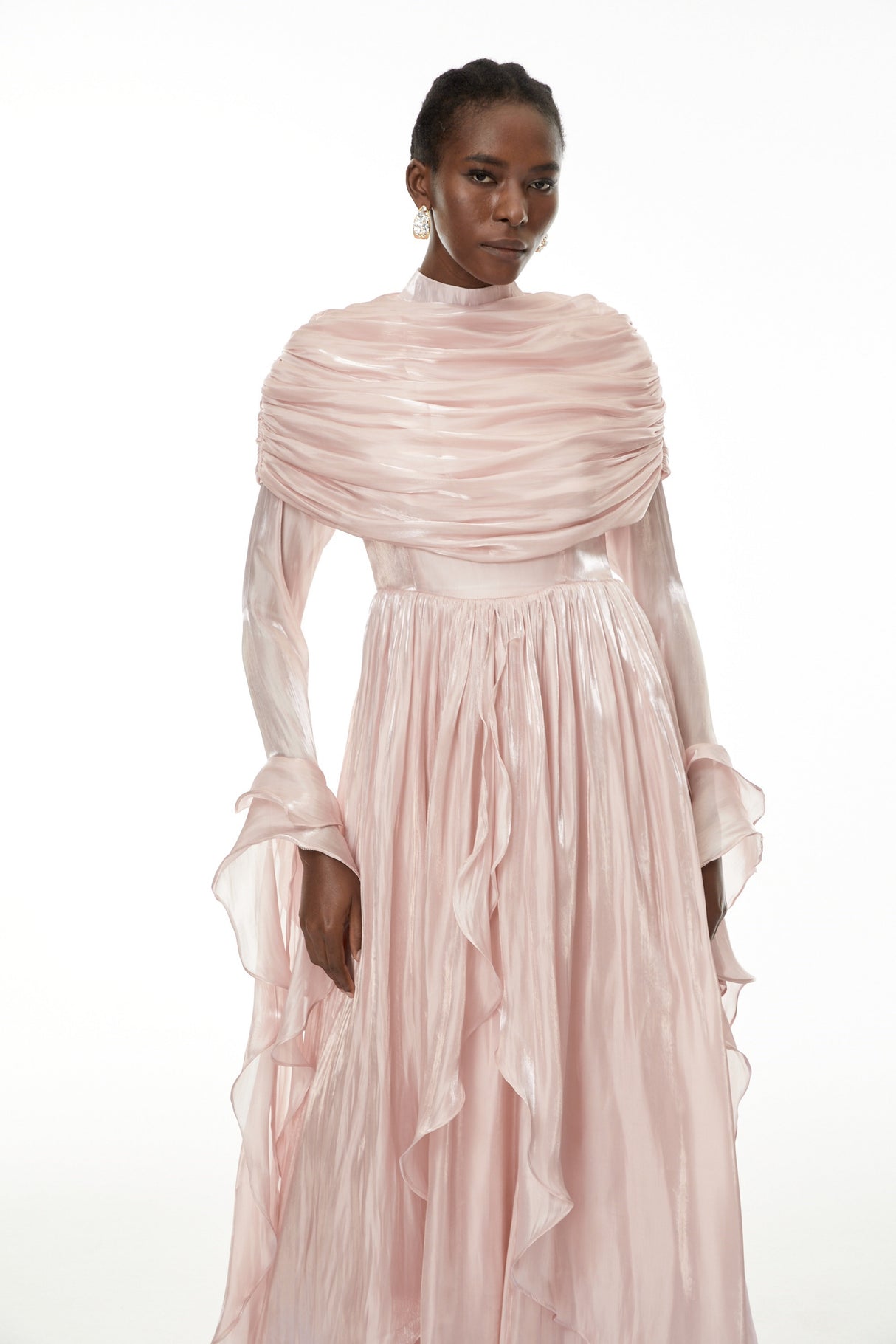 Aurohaya Gustave Pink Ruched Cape Ruffled Maxi Dress