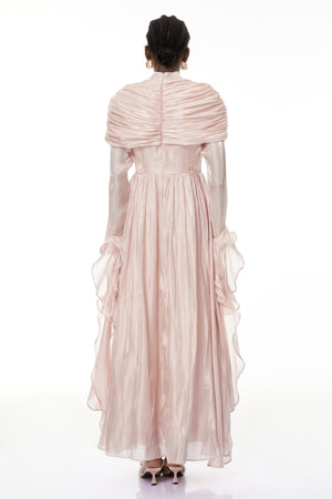 Aurohaya Gustave Pink Ruched Cape Ruffled Maxi Dress
