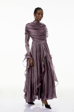 Aurohaya Gustave Purple Ruched Cape Ruffled Maxi Dress