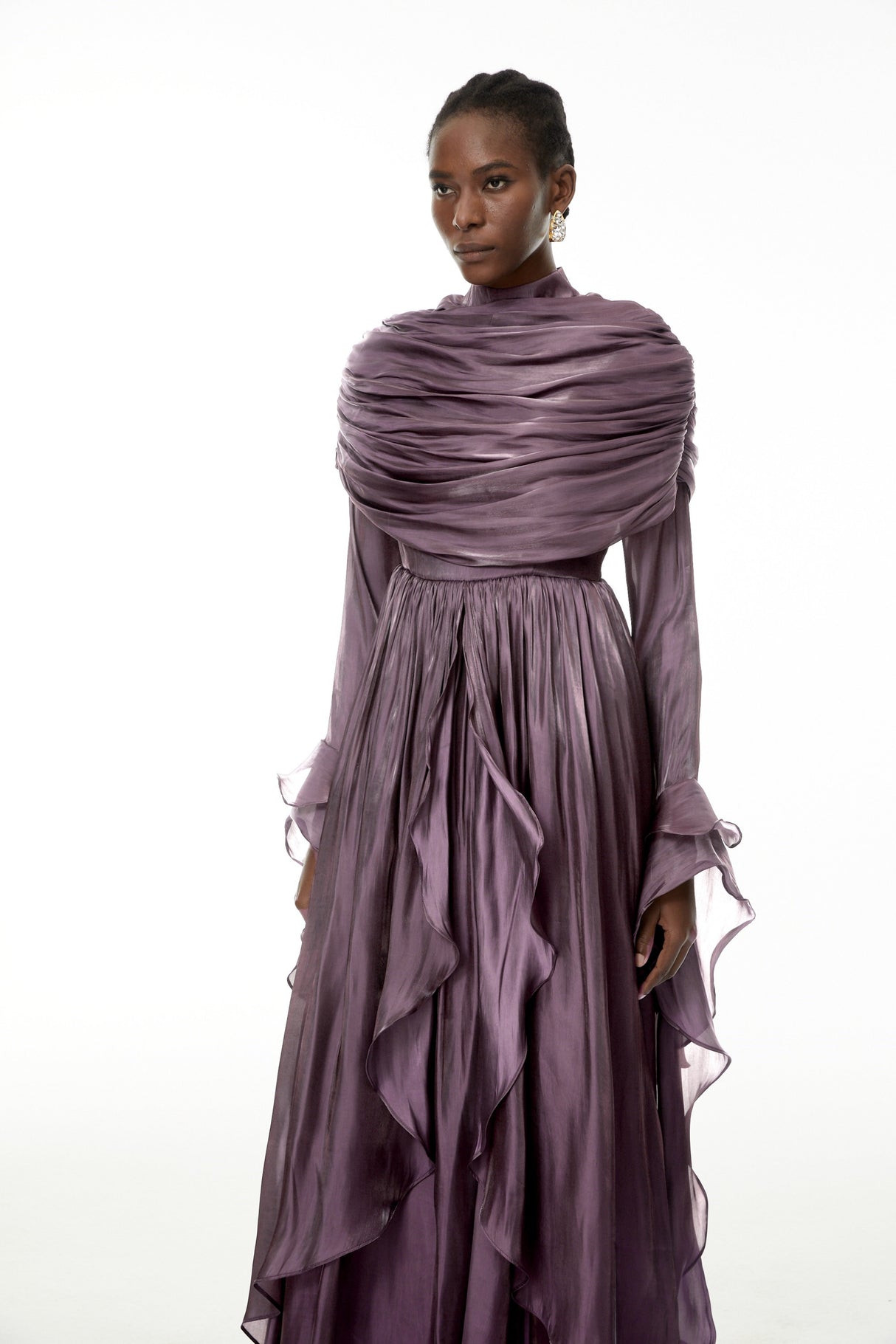 Aurohaya Gustave Purple Ruched Cape Ruffled Maxi Dress