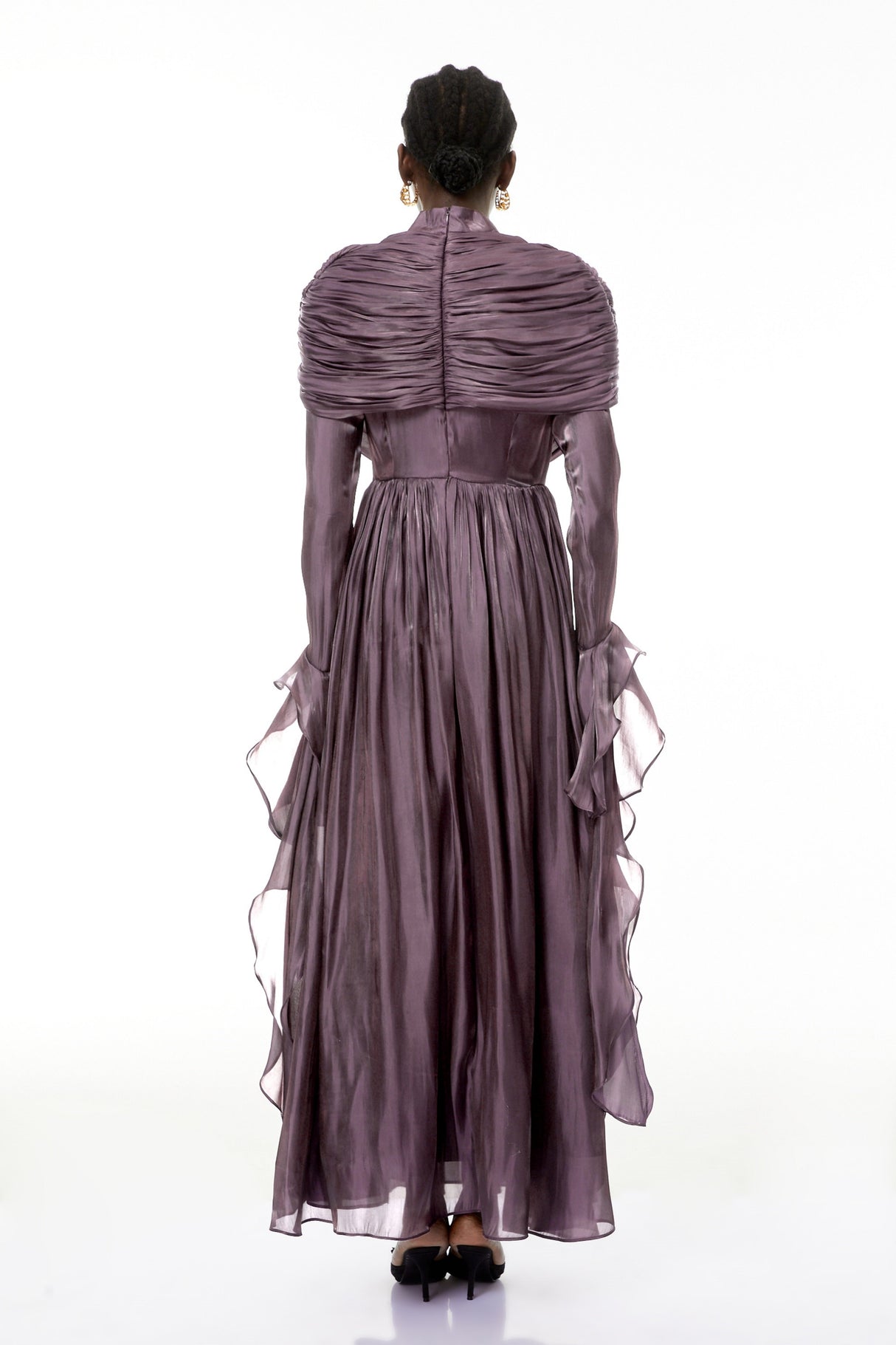 Aurohaya Gustave Purple Ruched Cape Ruffled Maxi Dress