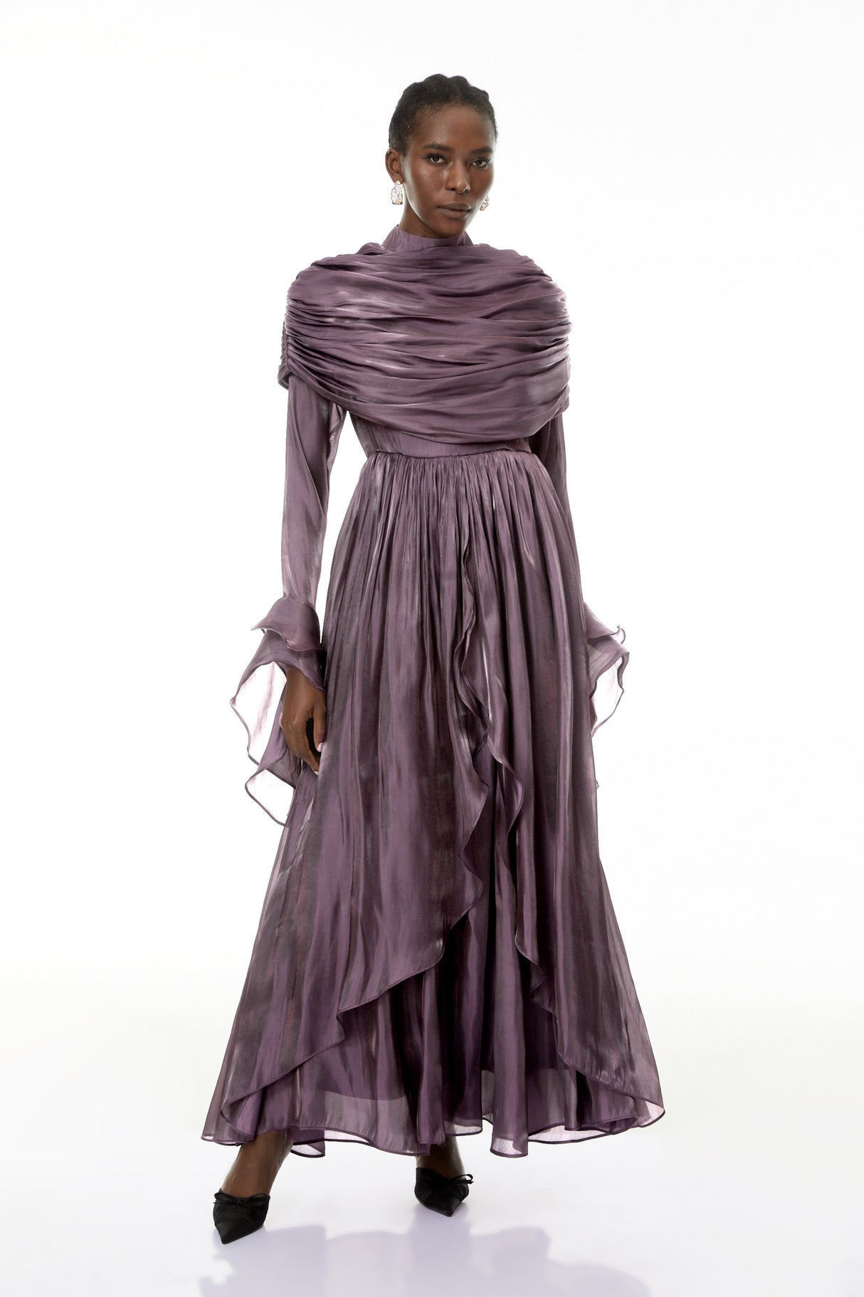 Aurohaya Gustave Purple Ruched Cape Ruffled Maxi Dress