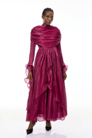 Aurohaya Gustave Burgundy Ruched Cape Ruffled Maxi Dress