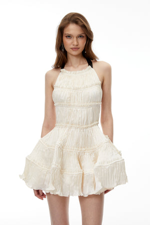 Aurohaya Gwendolyn Off-White Halterneck Ruffled Mini Dress