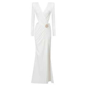 Aurohaya Cambria Long Sleeve Slit Maxi Dress White