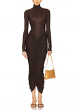 Charitina Brown Fitted Ruched Midi Dress
