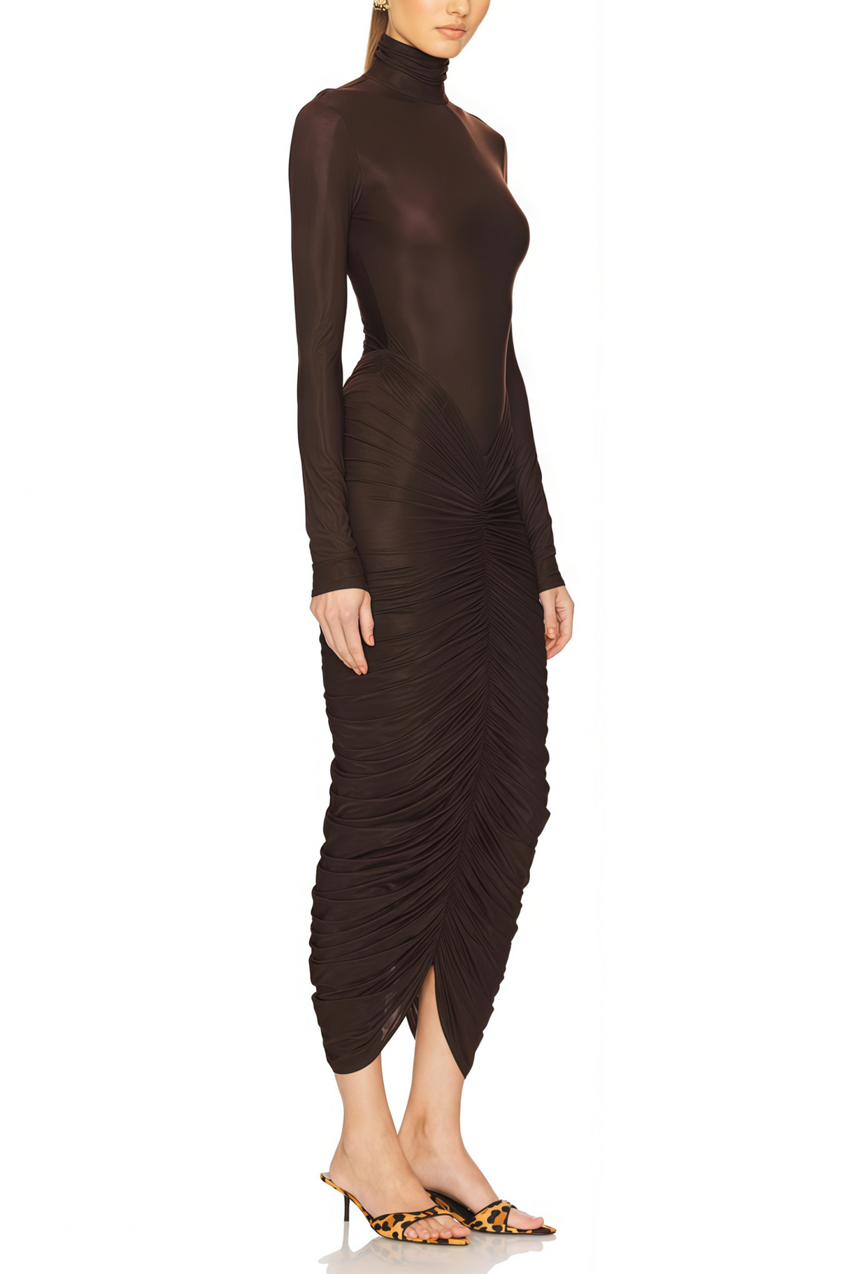 Aurohaya Charitina Brown Fitted Ruched Midi Dress