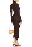 Charitina Brown Fitted Ruched Midi Dress
