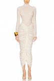 Charitina White Fitted Ruched Midi Dress