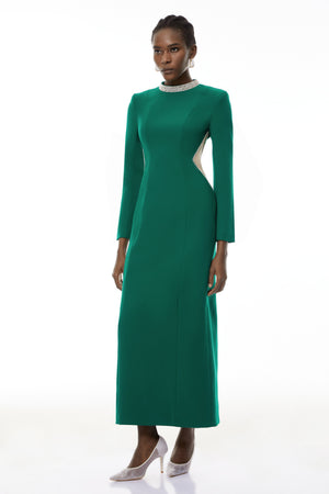 Aurohaya Hadley Green Cut-Out Crystal Maxi Dress