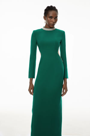 Aurohaya Hadley Green Cut-Out Crystal Maxi Dress