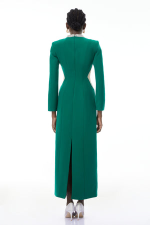Aurohaya Hadley Green Cut-Out Crystal Maxi Dress