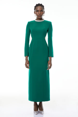 Aurohaya Hadley Green Cut-Out Crystal Maxi Dress