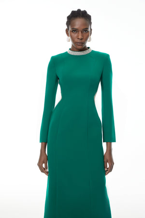 Aurohaya Hadley Green Cut-Out Crystal Maxi Dress