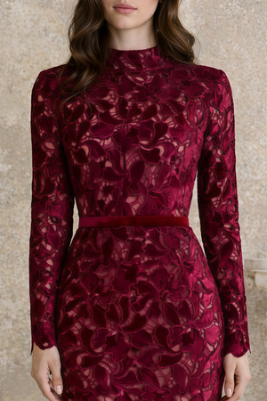 Aurohaya Hafdis Red Floral Embroidered Midi Dress