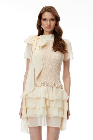 Aurohaya Halcyone Neutral Knit Chiffon Mini Dress