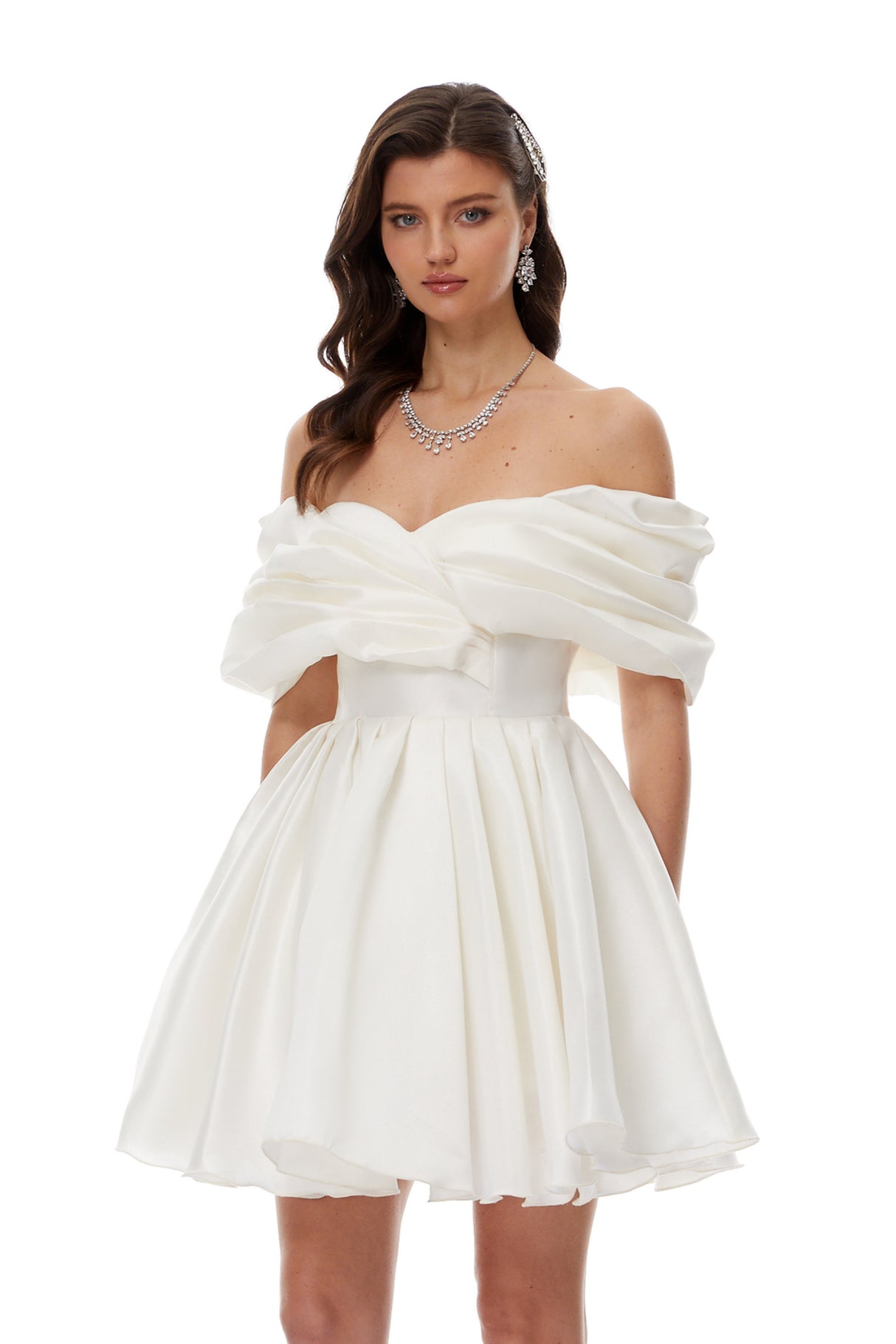 Aurohaya Halina White Off Shoulder Ruched Mini Dress