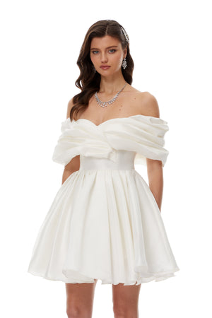 Aurohaya Halina White Off Shoulder Ruched Mini Dress