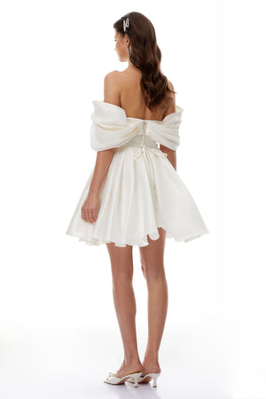 Aurohaya Halina White Off Shoulder Ruched Mini Dress