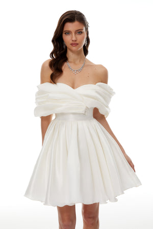 Aurohaya Halina White Off Shoulder Ruched Mini Dress