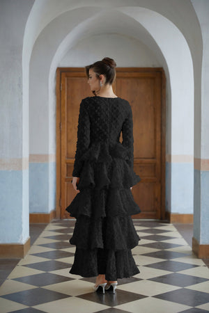 Aurohaya Halla Black Tiered Floral Lace Maxi Dress