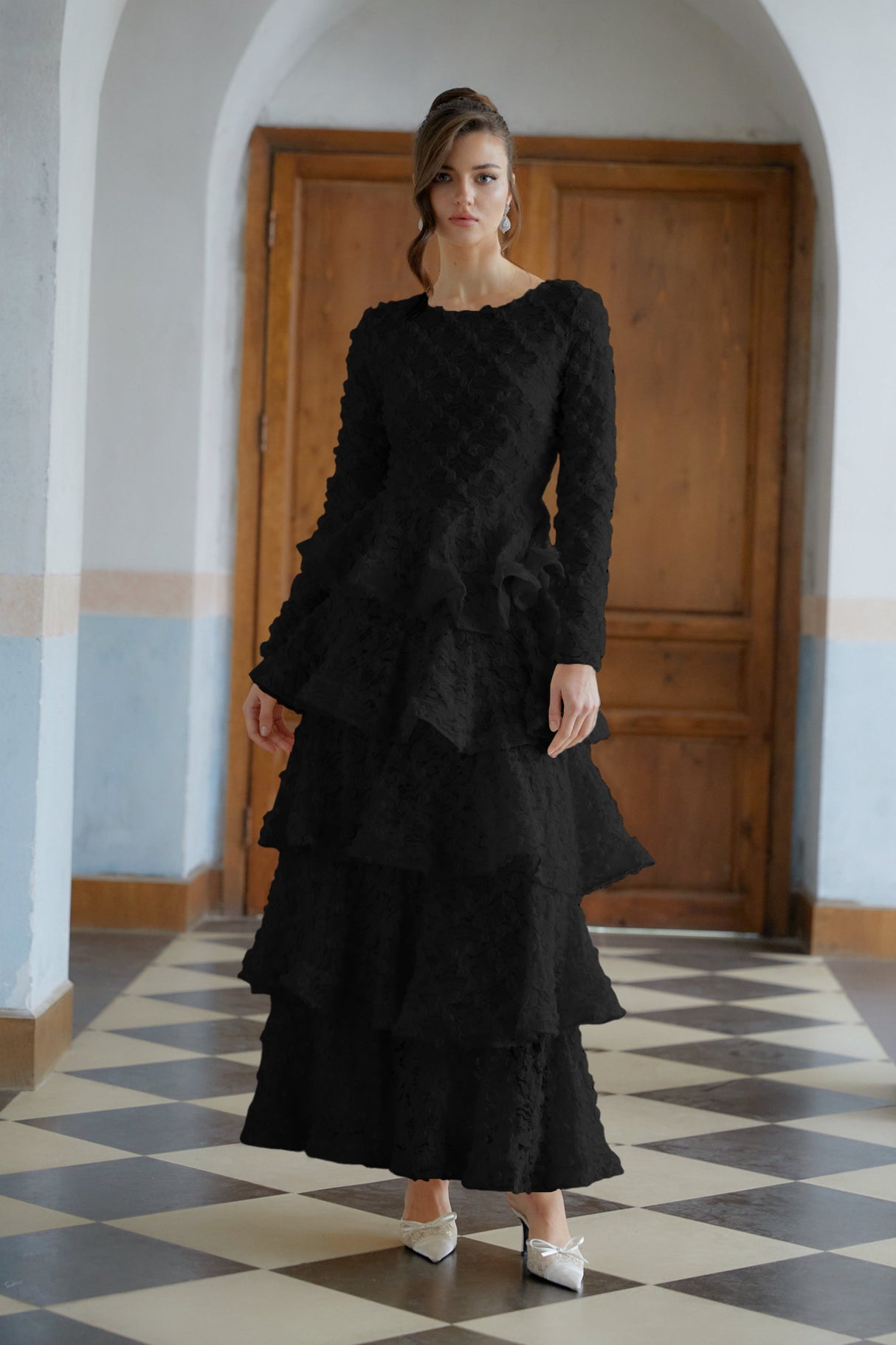 Aurohaya Halla Black Tiered Floral Lace Maxi Dress