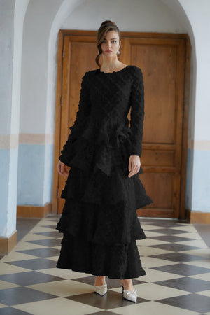 Aurohaya Halla Black Tiered Floral Lace Maxi Dress
