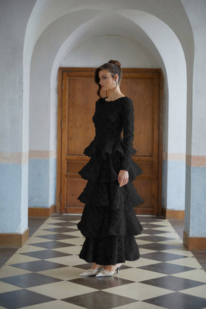 Aurohaya Halla Black Tiered Floral Lace Maxi Dress