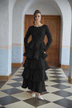 Aurohaya Halla Black Tiered Floral Lace Maxi Dress