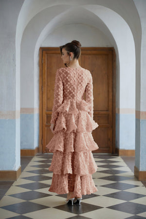 Aurohaya Halla Pink Tiered Floral Lace Maxi Dress