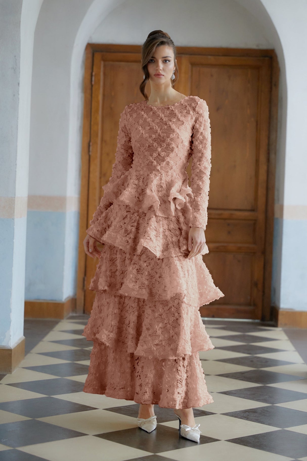 Aurohaya Halla Pink Tiered Floral Lace Maxi Dress