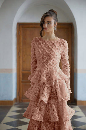 Aurohaya Halla Pink Tiered Floral Lace Maxi Dress