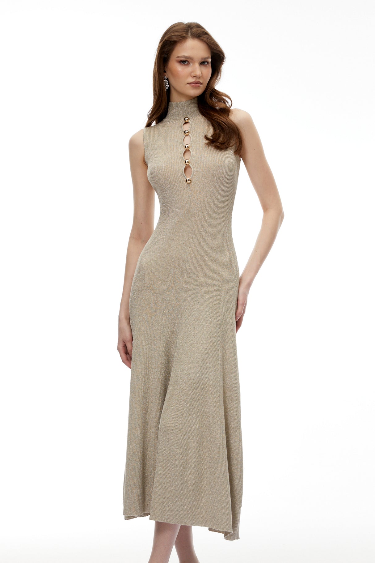 Aurohaya Hallveig Gold Beaded Knit Maxi Dress