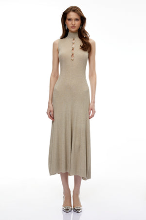 Aurohaya Hallveig Gold Beaded Knit Maxi Dress