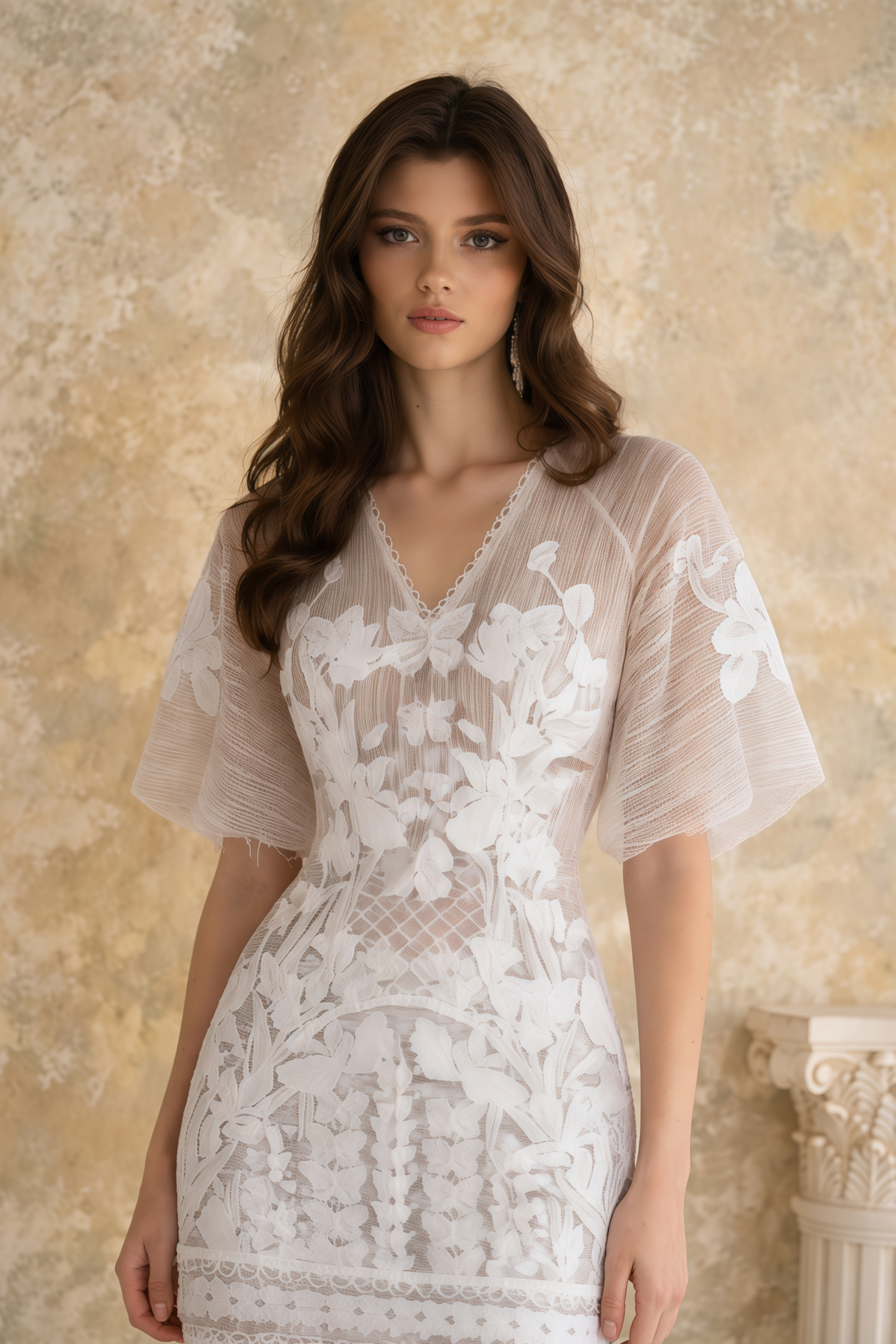Aurohaya Halsey Neutral Lace Mini Dress with Butterfly Appliqué