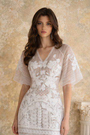 Aurohaya Halsey Neutral Lace Mini Dress with Butterfly Appliqué