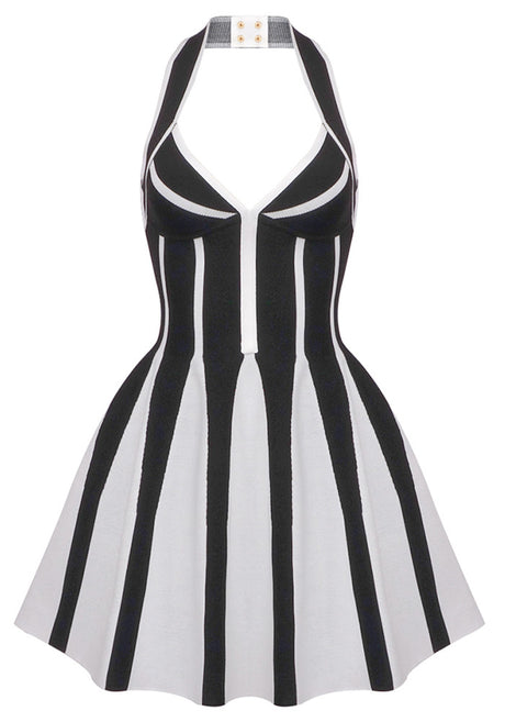 Halter A Line Dress Black White