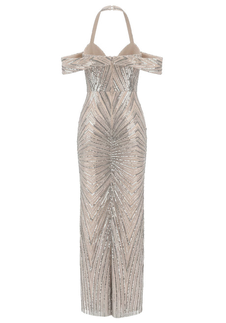 Halter Bardot Sequin Maxi Dress Silver