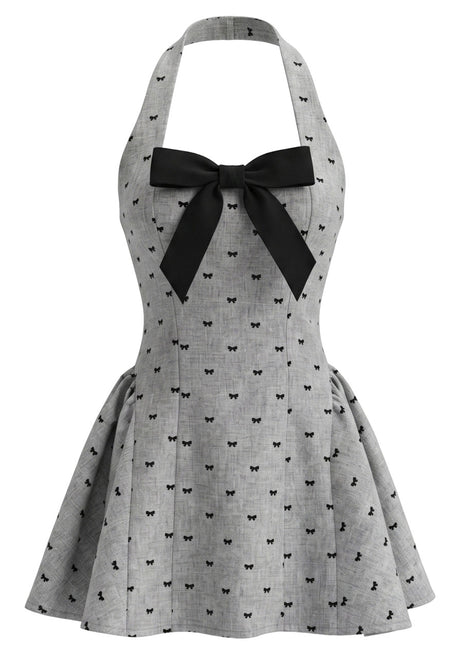 Halter Bow Detail A Line Dress Grey