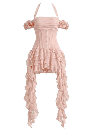 Halter Corset Ruffle Maxi Dress Pink