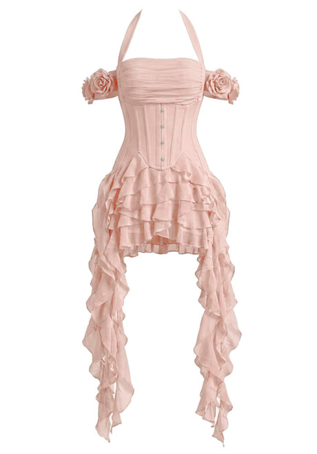 Halter Corset Ruffle Maxi Dress Pink