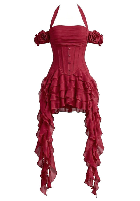 Halter Corset Ruffle Maxi Dress Red